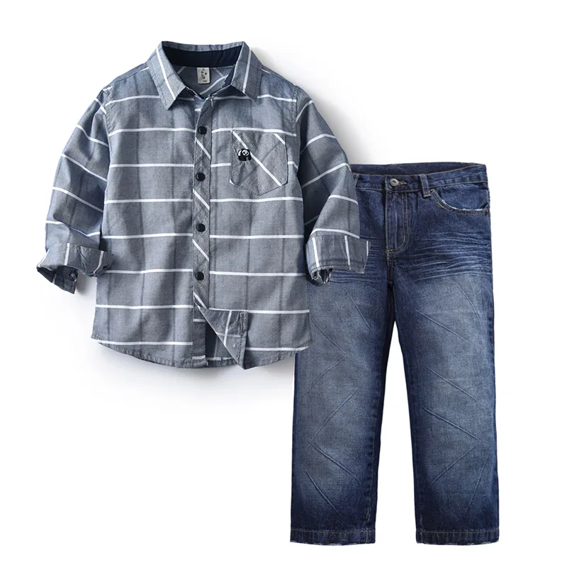 Комплект одежды для мальчиков; сезон осень-зима; европейские костюмы; рубашка для мальчиков; джинсы; одежда для малышей; хлопковая одежда для мальчиков; школьный костюм - Цвет: 01 Blue