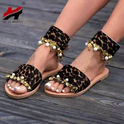 Женские летние сандалии на плоской подошве Leopard блестки бисером Повседневная обувь пикантные Туфли без каблуков
