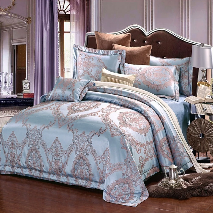 

High Quality blue Tribute Satin Luxury Bedding Set Jacquard Wedding silk Cotton Bed Linens Pillowcase Duvet Cover Set for Gift
