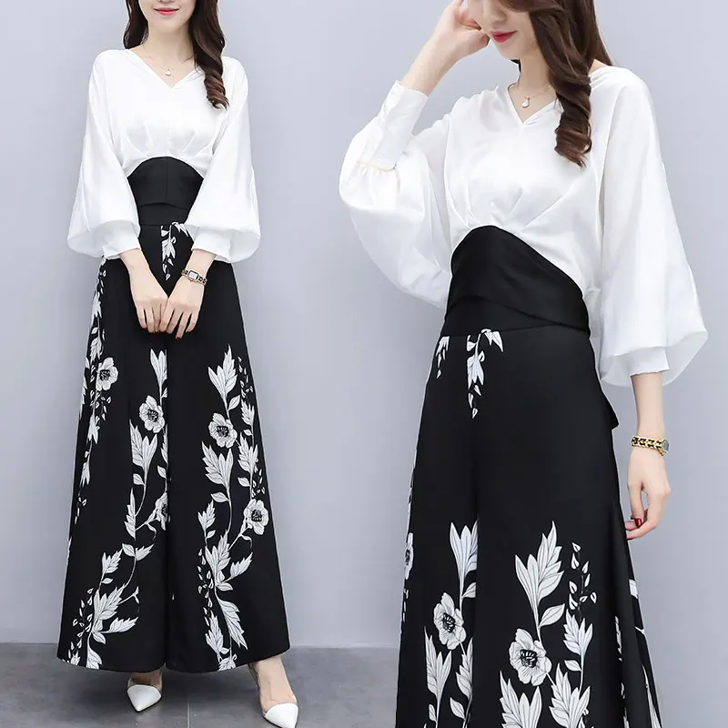 

Patchwork Shirt Floral Print Wide Leg Pants Two Piece Set Fashion Atmosphere Ensemble Femme Survetement Elegant Women's Suit