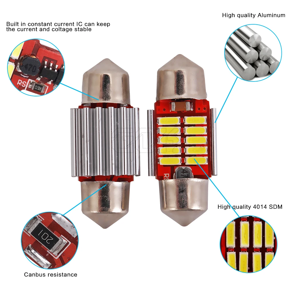 50 шт. светодиодный светильник-купол 4014 smd 10 светодиодный без полярности Canbus c5w 31 мм светодиодный светильник-Гирлянда для европейских номерных знаков