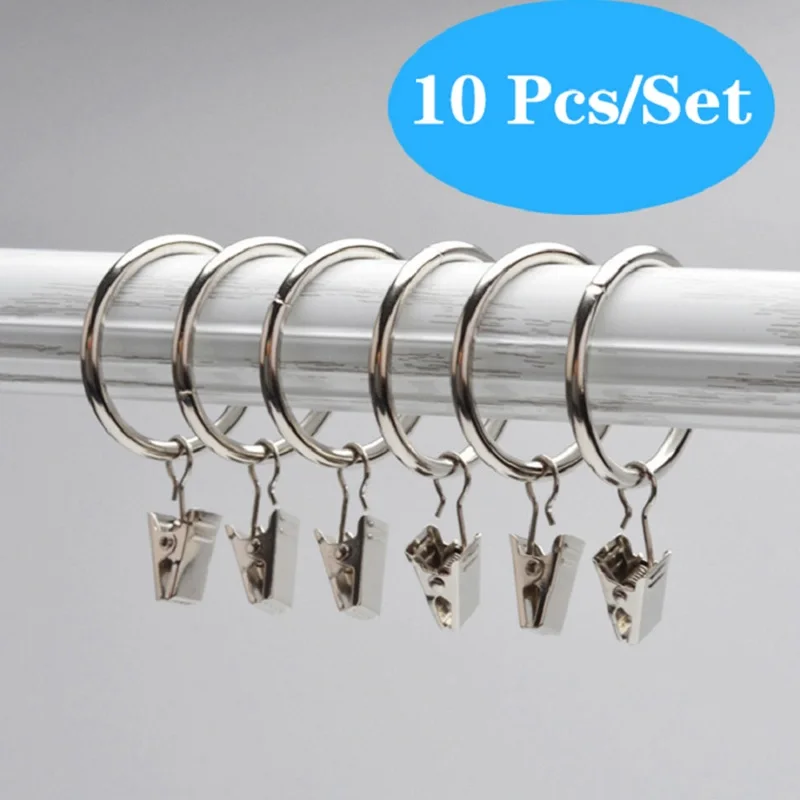 10pcs Lot Movable Stainless Steel Curtain Rod Clips Window Shower 10 Pcs Set Durable Circle Shaped Curtain Rings With Clips Shower Bath Hooks Silver Color