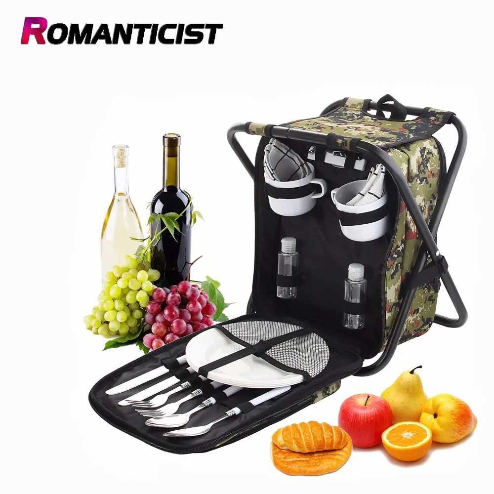 Heavy Duty Picnic Backpack Stool with Cooler & Tableware All in 1
