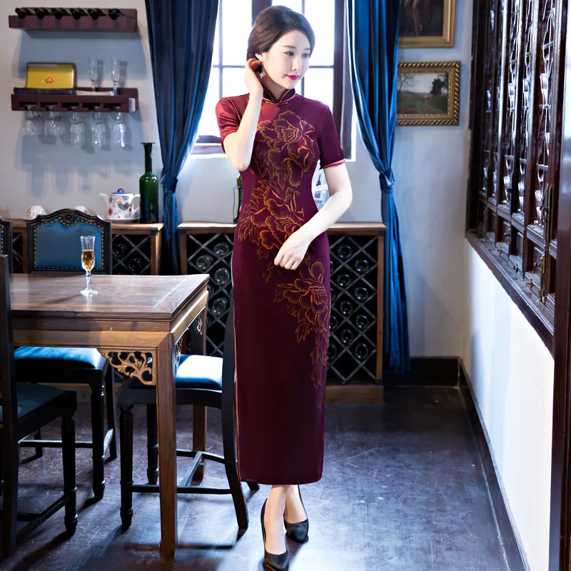 Черное длинное платье Ципао женское бархатное Qipao длинное китайское традиционное платье Qipao с коротким рукавом винтажное Cheongsams m-xxxl