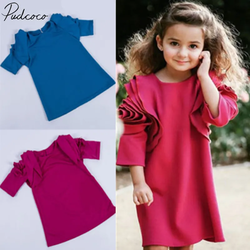2018 Brand New Princess Infant Kids Baby Girls Party Dress Flower Ruffled Long Sleeve Solid Straight Knee-Length 3-8Y |