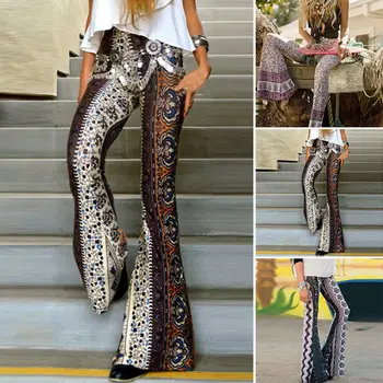 

Female Bell Bottom Printed Pants New Womens Fashion Pants Boho Hippie High Waist Wide Leg Pants Long Flared Trousers