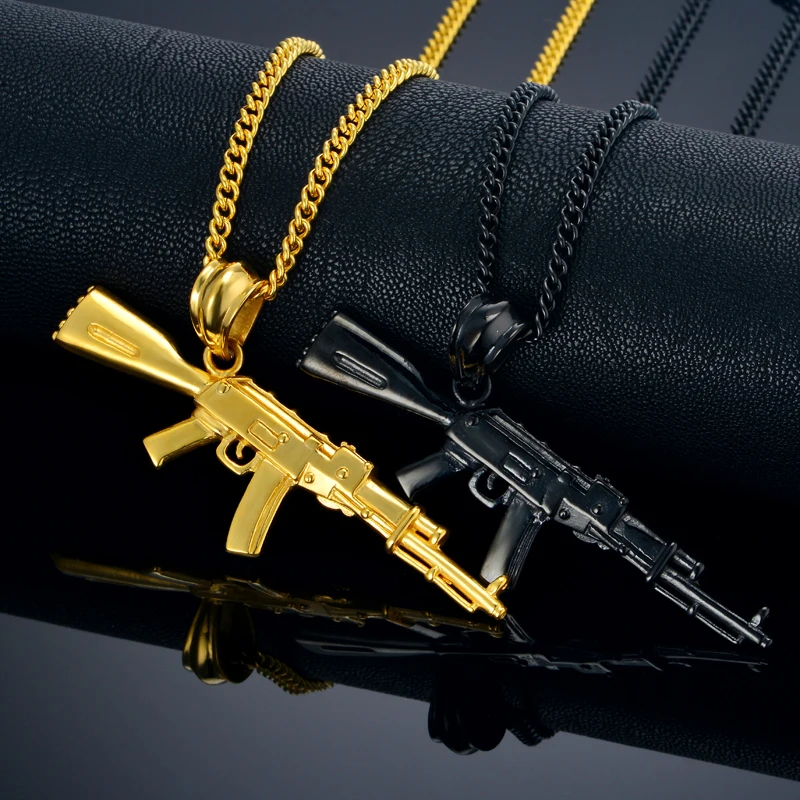 AK47 Necklace Vintage Men Women Jewelry Wholesale Black Gold Plated Stainless Steel Gun Necklace