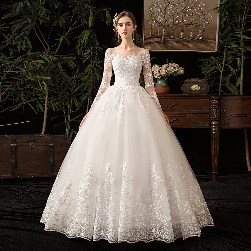 2022 New Vintage O Neck Full Sleeve Wedding Dress Illusion Simple Lace Embroidery Custom Made Bridal Gown Vestido De Noiva L short wedding dresses