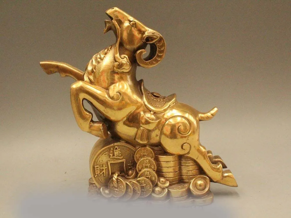 

7" Chinese Folk Brass Wealth Zodiac Year Sheep Yuan Bao Money Statue Sculpture