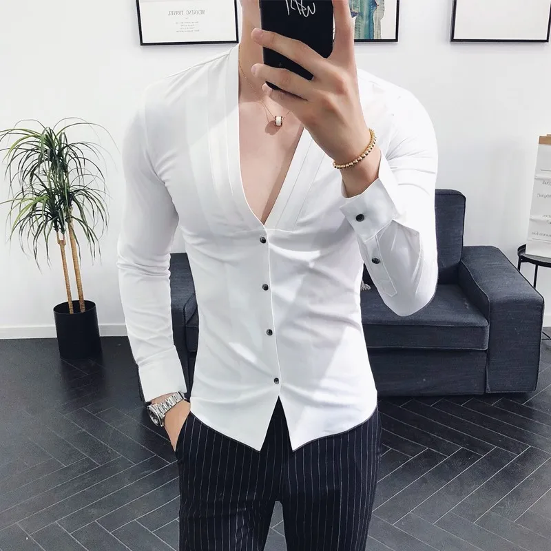 عميق V مثير ياقات قميص 2018 جديد الخريف كم طويل صالح سليم V الرقبة الطية الصلبة اللباس قميص Camisa الغمد النبيذ الأحمر