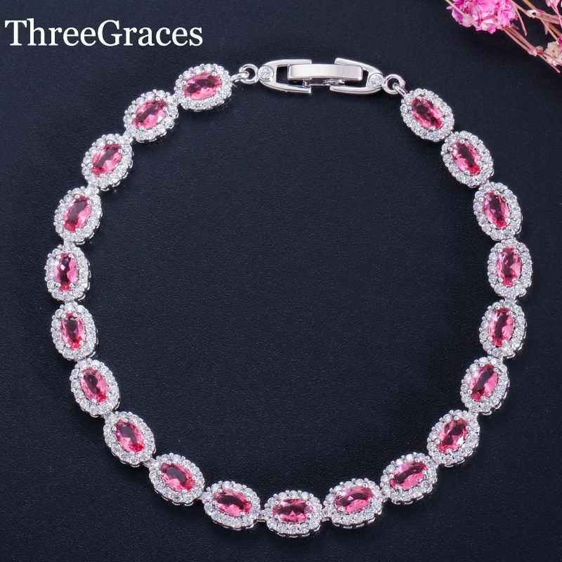 Threegraces Jewelry сверкающий овал огранки кубического циркония с розовый Красный Кристалл Шарм Браслеты для Для женщин подарок к празднику BR059