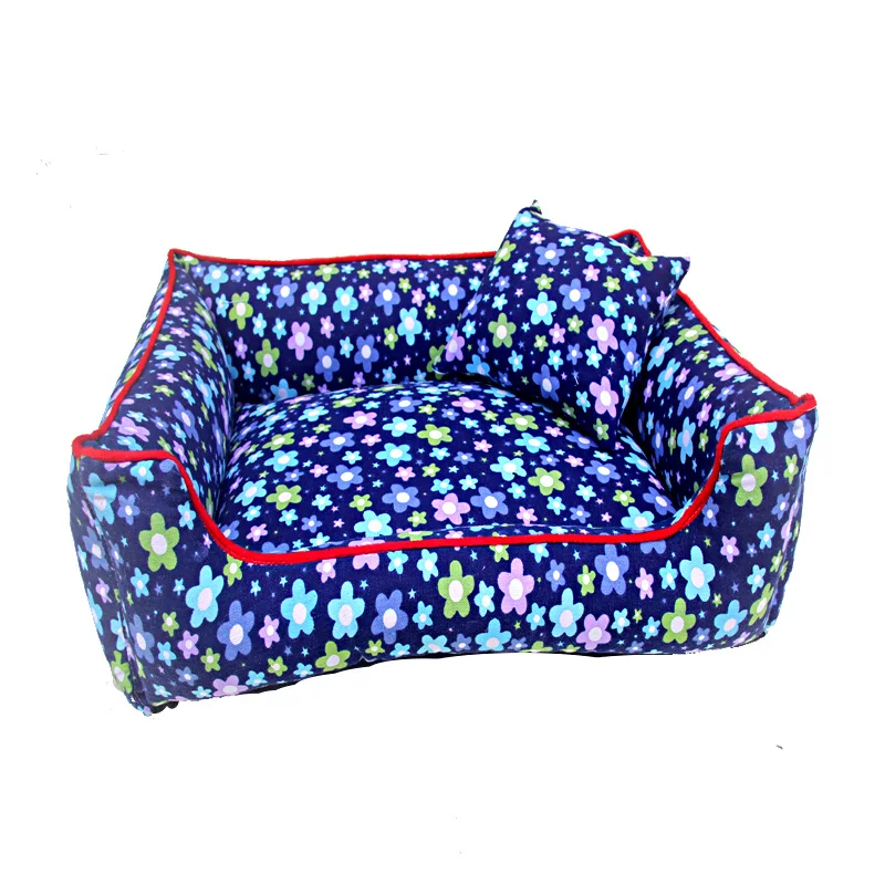

Litter Flower pattern Dog Bed & Sofas Pet kennel cotton canvas Teddy nest Blue Pillow and cover included