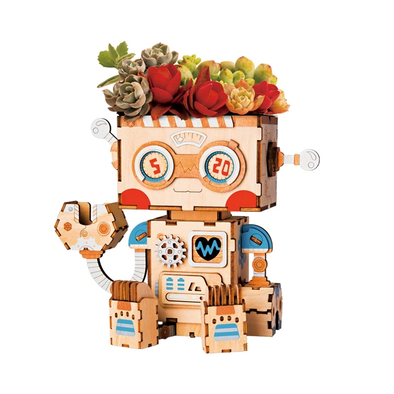 

Robotime 3D Wooden Robot Puzzle Game Creative Flower Pot Storage Box Penholder Models Building Kits Toy for Children Adult FT761