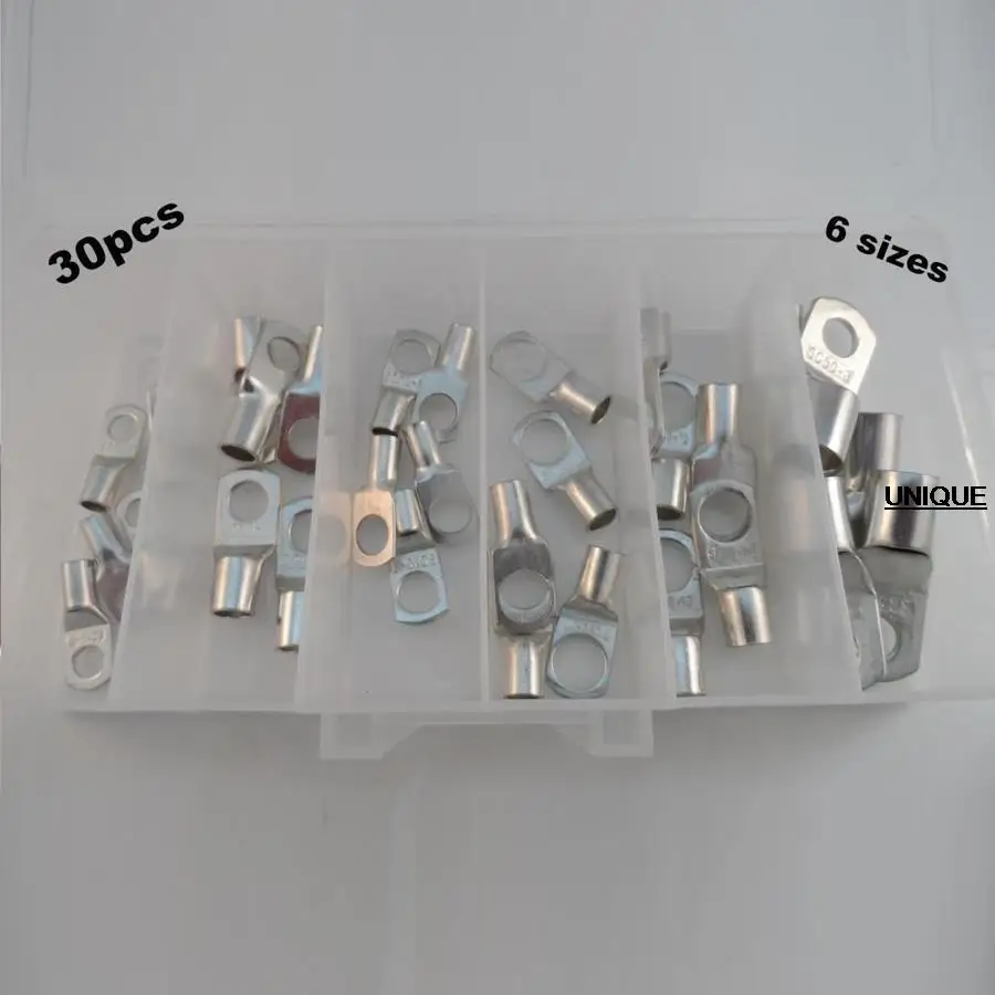 30PCS 6 SIZES TINNED COPPER LUG BATTERY CABLE CONNECTOR TERMINAL SET