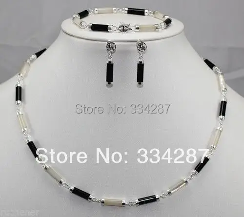 

New design - Natural Black Onyx & White Shell Silver Link Necklace Earrings Set 43CM