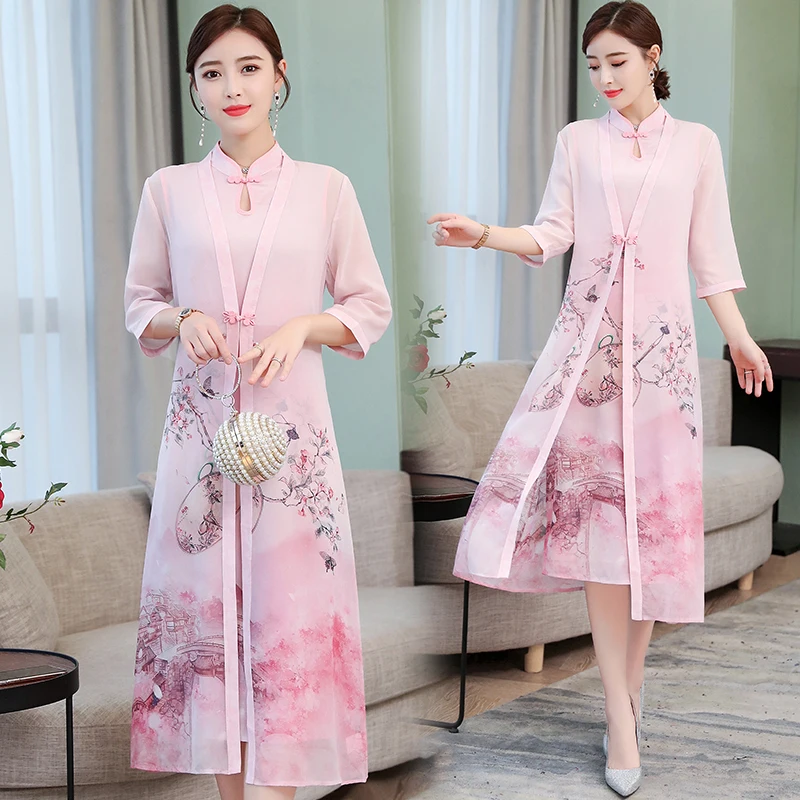 

Women Summer dresses New Printed dress female fashion Two-piece set Vintage elegant chiffon dresses Large size clothing 2270