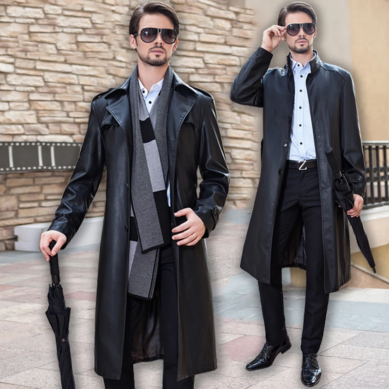 

2019 new designer black soft matte soft sheepskin leather britsh style men long coat real genuine leather spring overcoat
