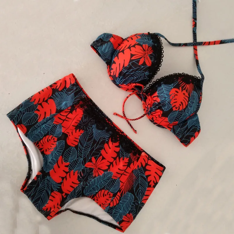 BGTEEVER Lace Edge Bikini Set Floral Color Bathing Suit High Waist