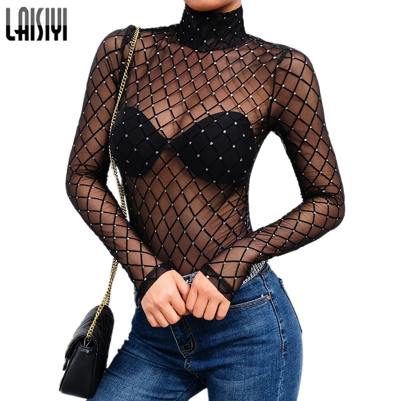 

LAISIYI Plaid Mesh Black Bodysuit Long Sleeve Sexy Jumpsuit Clubwear Transparent Romper Women Bodies Ladies One Piece ASJU20381