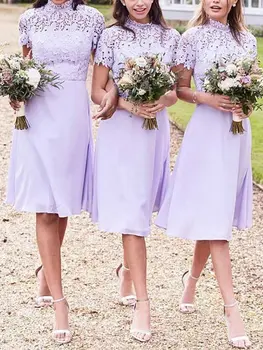 

Sparkle Elegant Formal Dress Knee-Length Short Sleeves High Neck Lace Bridesmaid Dress sukienka koktajlowa