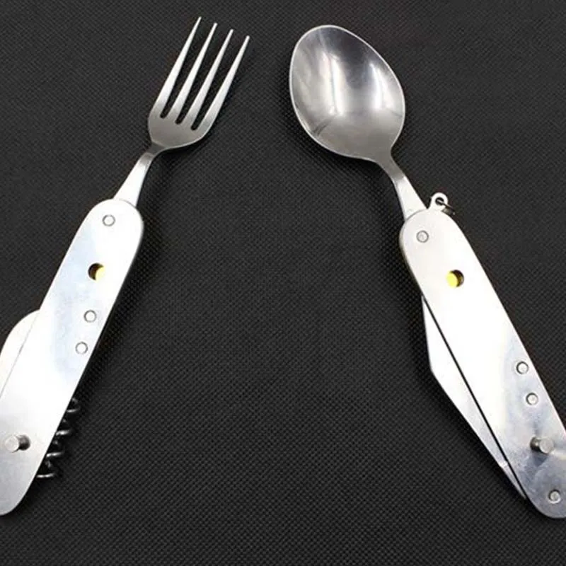 Nueva llegada plegable portátil de acero inoxidable cubiertos cuchillo tenedor cuchara deportes al aire libre Camping Picnic viaje vajilla Kits