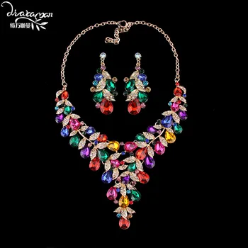 

Dvacaman Brand Nigerian Wedding Statement Crystal Necklace&Earrings Indian Bridal Colorful Rhinestone Jewelry Sets Women UU76