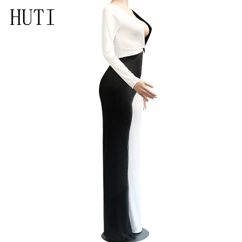 HUTI Black White Patchwork Jumpsuits Sexy Deep V Neck Long Sleeve Autumn Loose Playsuits Women Combinaison Femme Plus Size XXL HUTI Black White Patchwork Jumpsuits Sexy Deep V Neck Long Sleeve Autumn Loose Playsuits Women Combinaison Femme Plus Size XXL