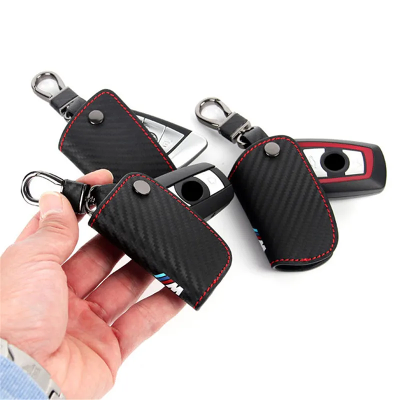 Peacekey Carbon Fiber Leather Smart Remote Key Case Cover Holder Key Chain For font b BMW