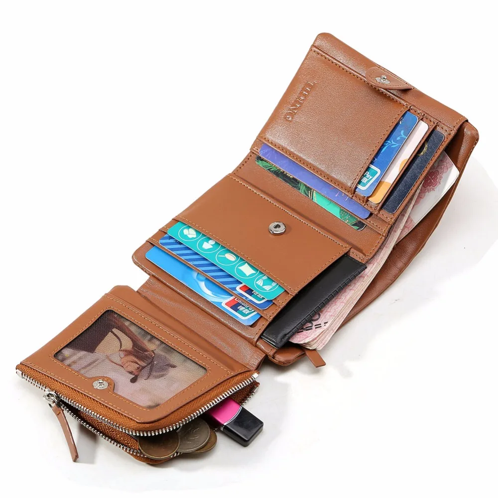 

TIDING men women genuine leather trifold purse coin credit card holder large capacity wallet pocket 4210