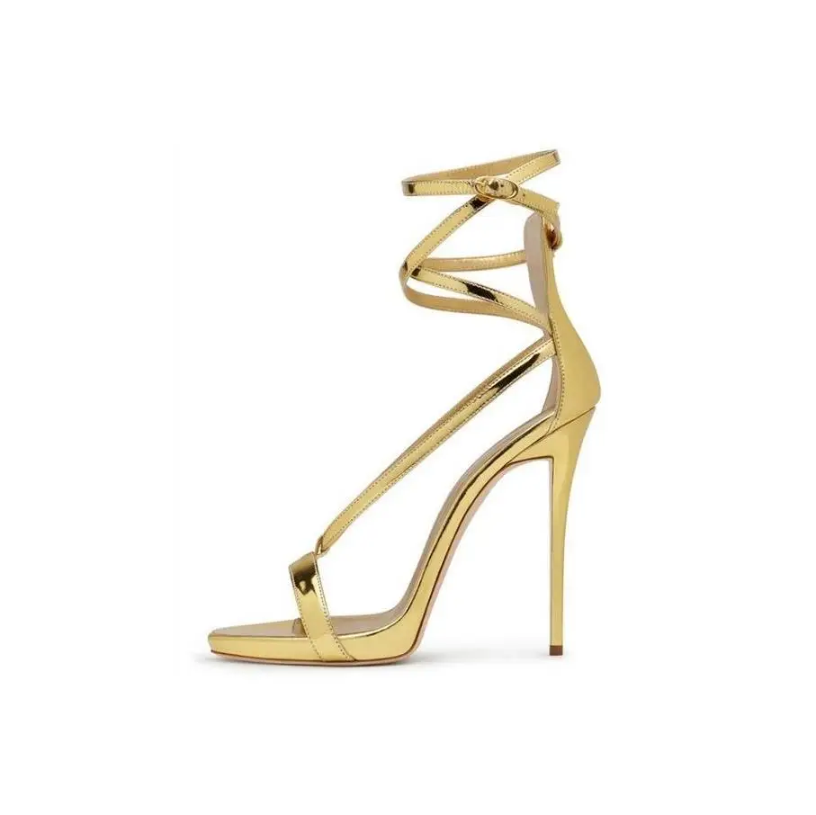 

Hot Sale Women Gold Silver Metallic Leather Ankle Buckle Strap Sandals Summer Narrow Brand Hollow Out High Heel Dress Shoes