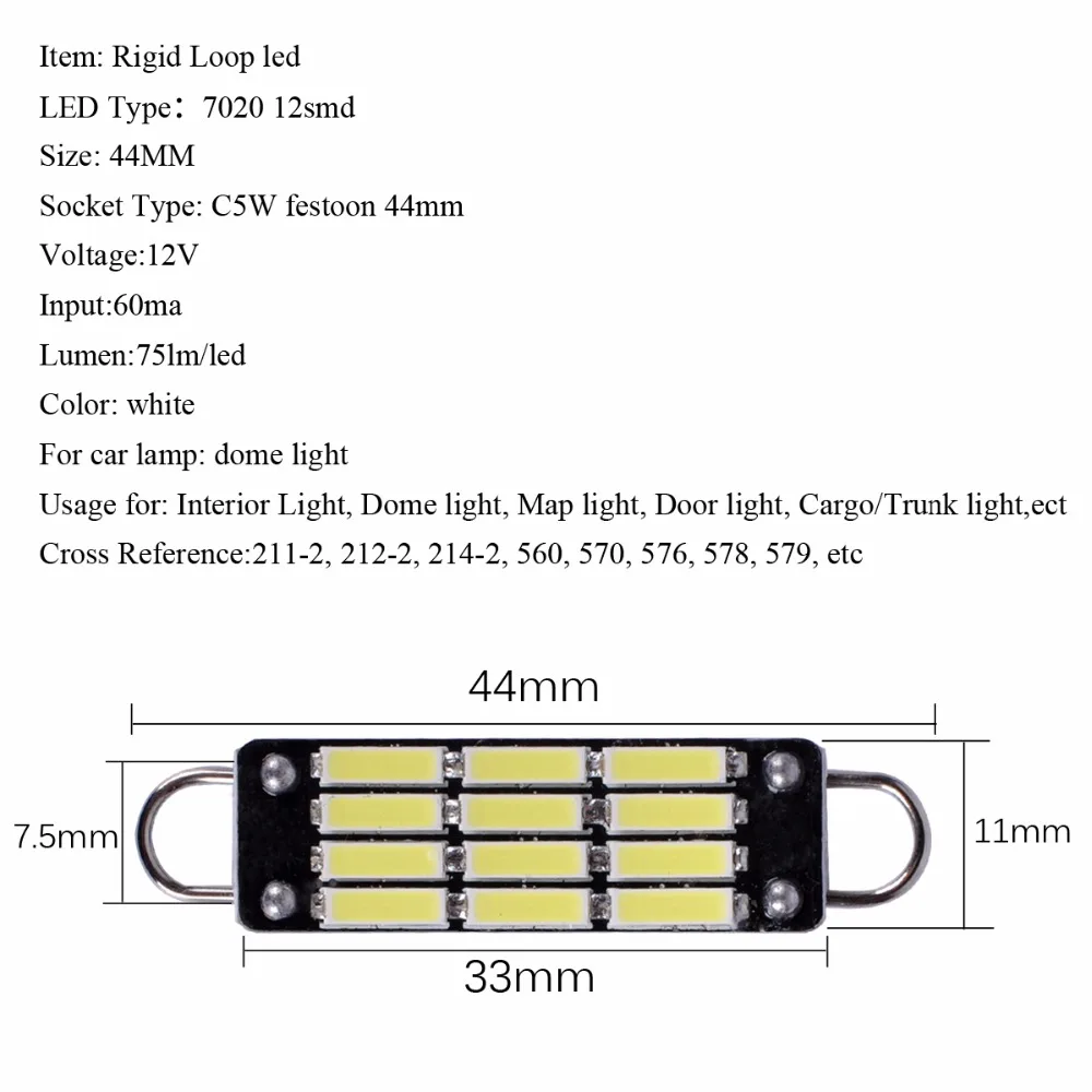 2 x White 44mm 12SMD Rigid Loop LED Interior Door Map Light Bulbs 561 562 212-2