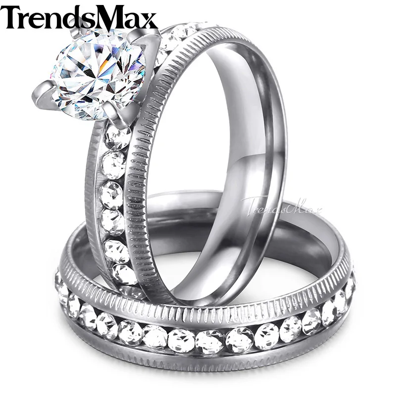 Trendsmax мужские и женские обручальное кольцо набор золотого и серебряного цвета из нержавеющей стали CZ камень пара обещаний обручальное ювелирное изделие KKRM29 - Цвет основного камня: KR137