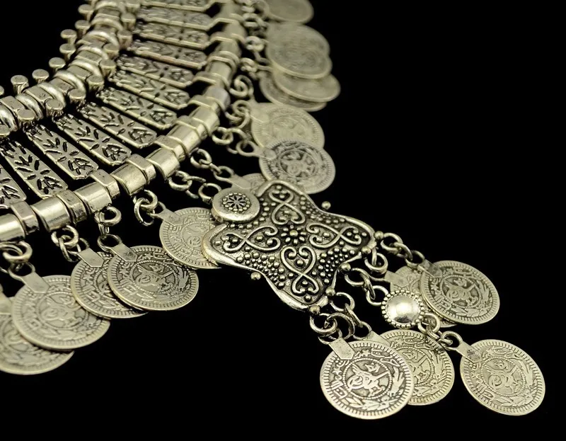 Цыганское богемное пляжное шикарное массивное ожерелье с монетами, фестиваль бохо, серебряная бахрома, Биб, этнический турецкий Индийский Племенной