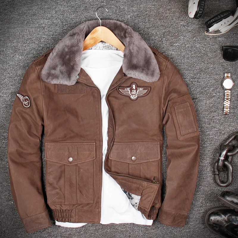 Wool Collar Air Flight Genuine Leather Jacket,100 Cow Skin Genuine
