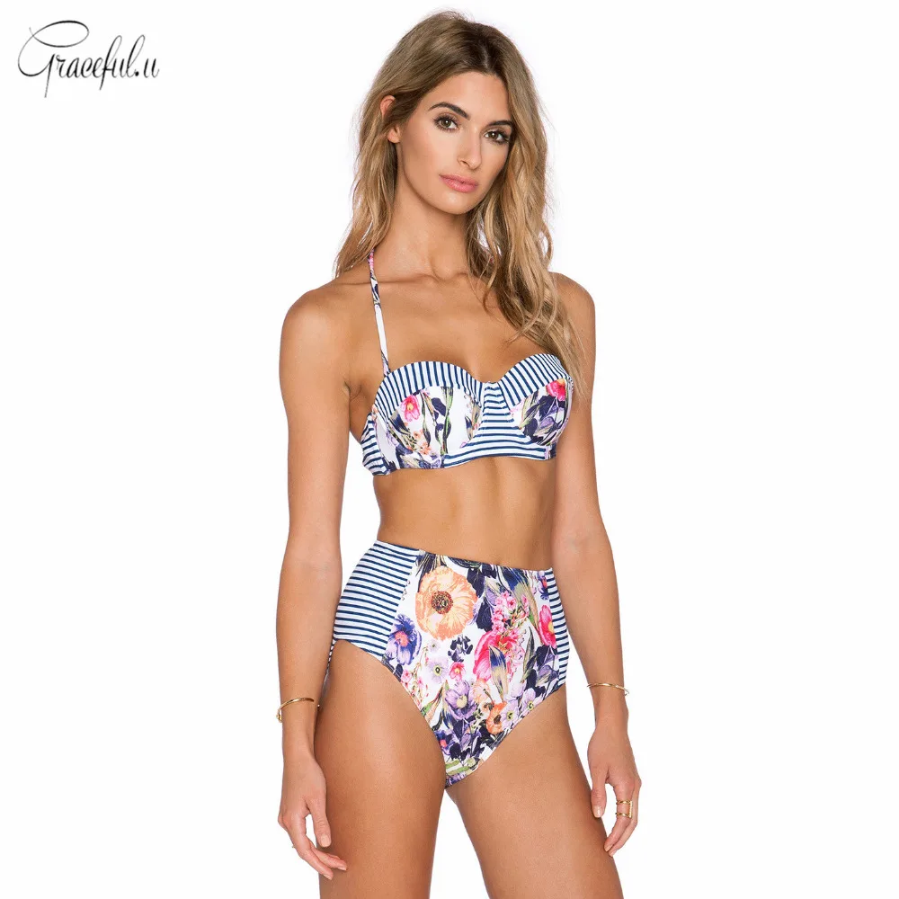 

Hot Summer Floral Striped Patchwork Swimwear High Waist Bikini Set Removable Straps Plus Size Two Piece Swimming Suit for Women