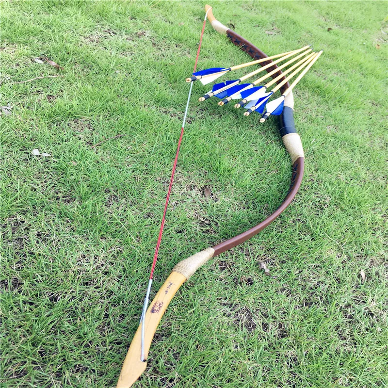 

Nice 20-60lbs brown longbow archery recurve for hunting shooting + 6 blue and white rotating feathers wooden arrows