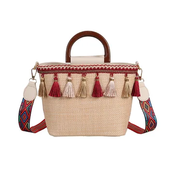 

NEW-New Vintage Bucket Shape Tote Women Weaving Tassel Shoulder Bag Messenger Bag Crossbody Bags Girls Cute Handle Straw Bags