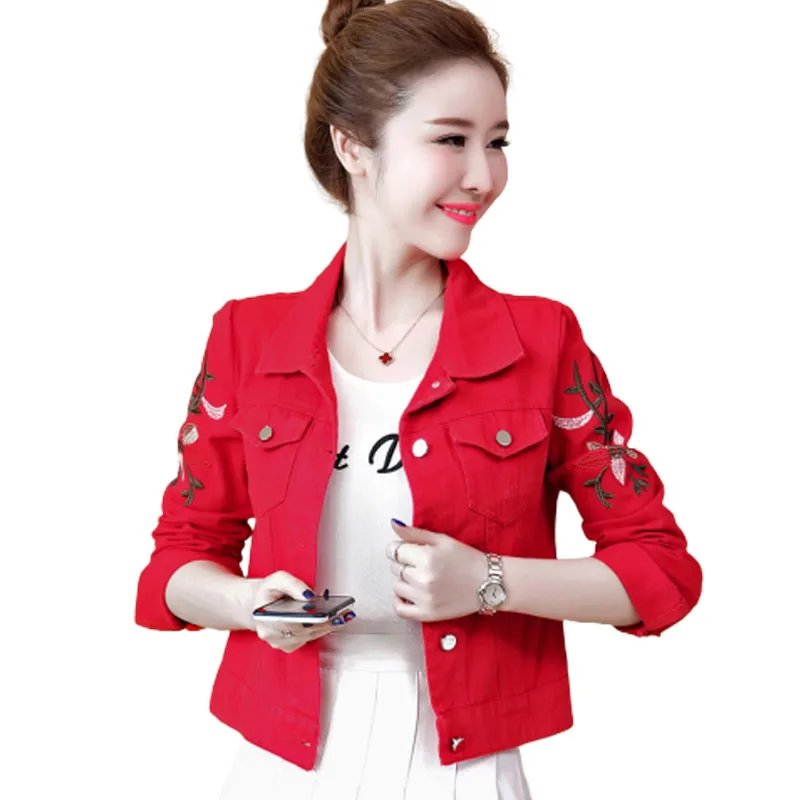 

2019 Spring Windbreaker Slim Jeans Jacket Women Flowers Embroidery Red White Denim Jackets Ladies Short Outerwear Coat PZ1721