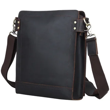 

Tiding New Mens Cowhide Shoulder Messenger Bag for IPAD Casual Fashion Small Solid Soft Leather Satchel Man Bags Dark Brown 1066