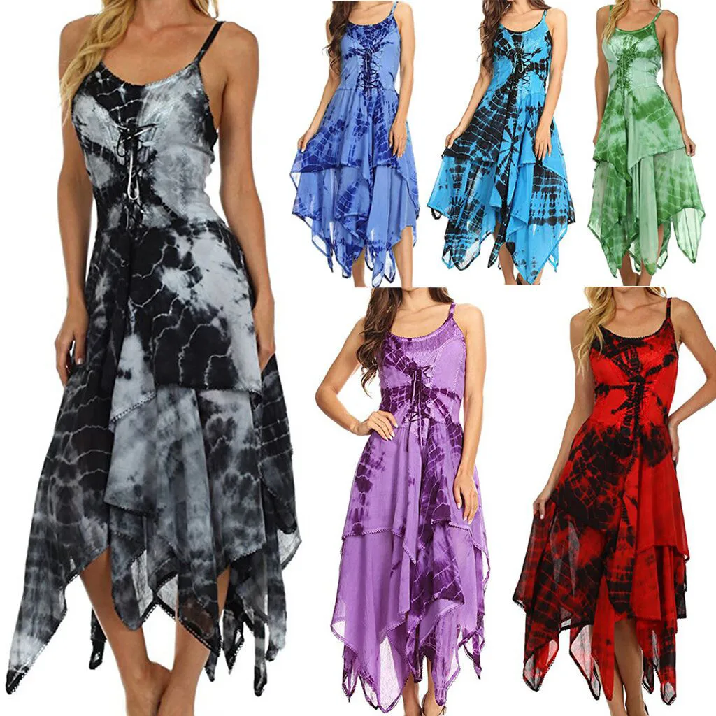 

Women Summer Sexy Fashion Irregular Lace Up Corset Bodice Handkerchief Hem Dress S-3XL Six Colors Enough Stock Round Dress