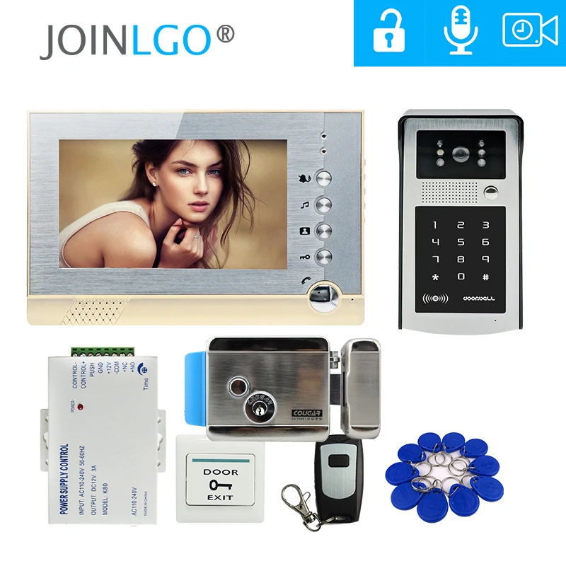 

FREE SHIPPING 7" LCD Screen Record Video Intercom Door Phone Outdoor RFID Code Keypad Doorbell Camera + Remote + 8G SD + E-LOCK