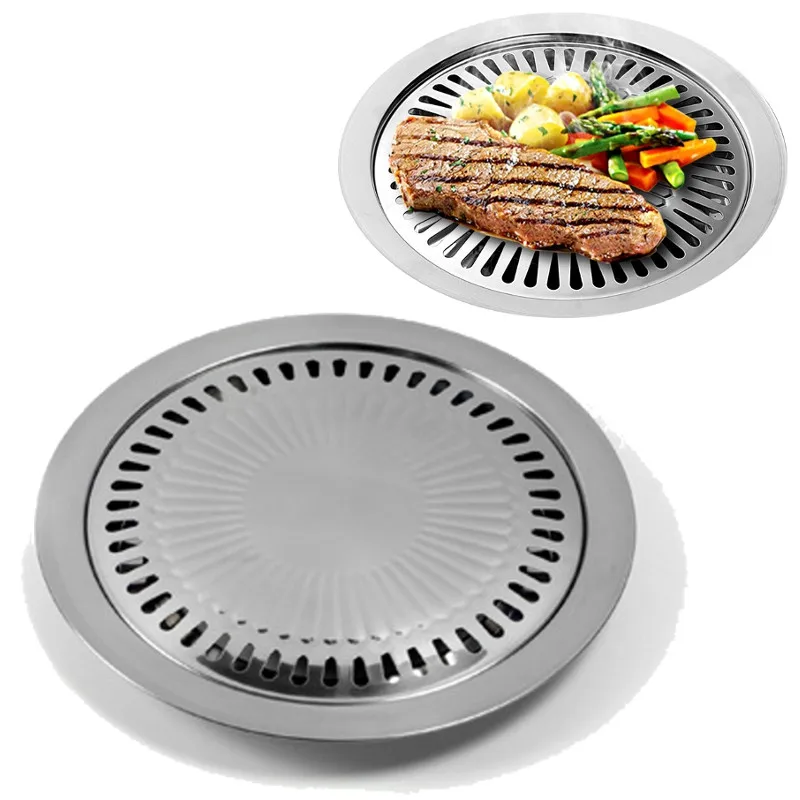 Edelstahl Antihaft runde Grill Pan Tray Bratpfanne Haushalt Outdoor BBQ Kochen Werkzeuge Küchenutensilien Bräter Günstig