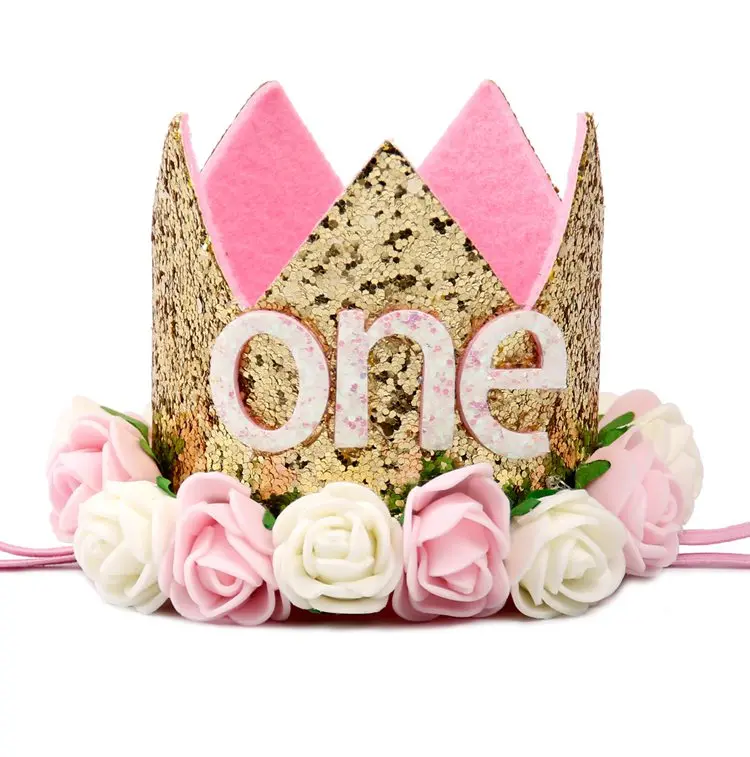 QIFU 1 шт Розовый Золотой Корона День рождения украшения дети кружева цветок корона Единорог вечерние шляпы серебряные аксессуары для волос, корона - Цвет: one crown