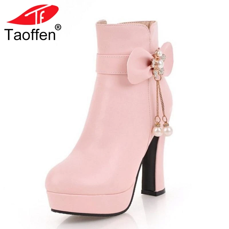 

Taoffen Size 33-43 Women Ankle Boots Fur Warm Winter Short Boots Flowers Beads Platform Shoes Woman Fashion Concise Shoes