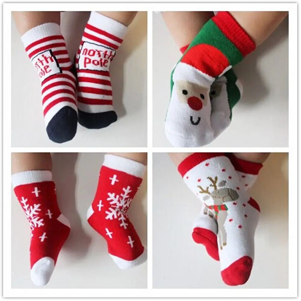 Cartoon Jacquard Socks Christmas Themed Children Pure Cotton Red