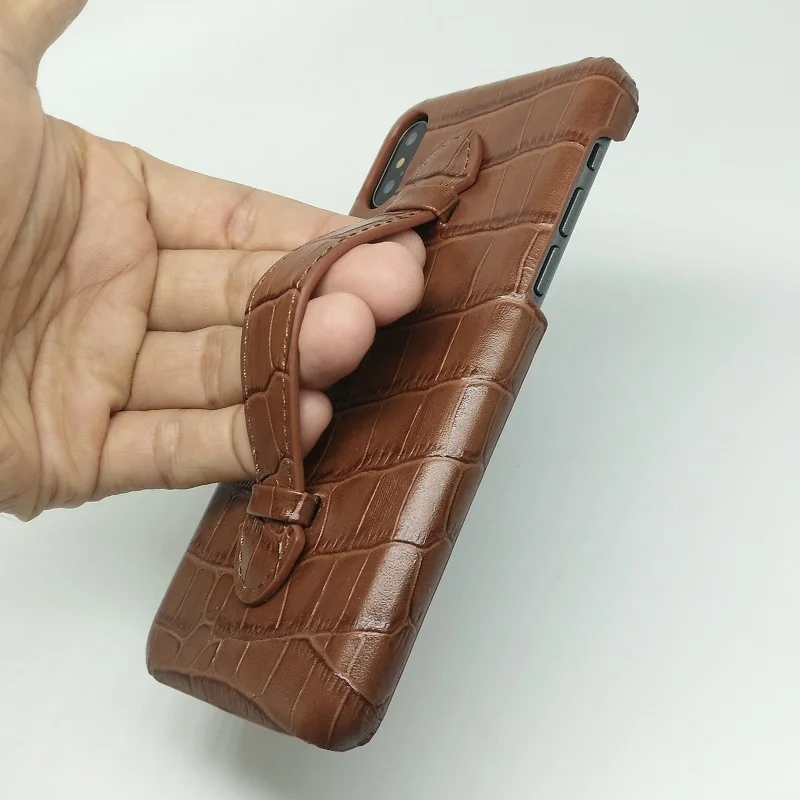Solque Real Genuine Leather Ultra Thin Case For iPhone X XS 10 Cell Phone Luxury Crocodile Hand Strap Slim Hard Cover Cases
