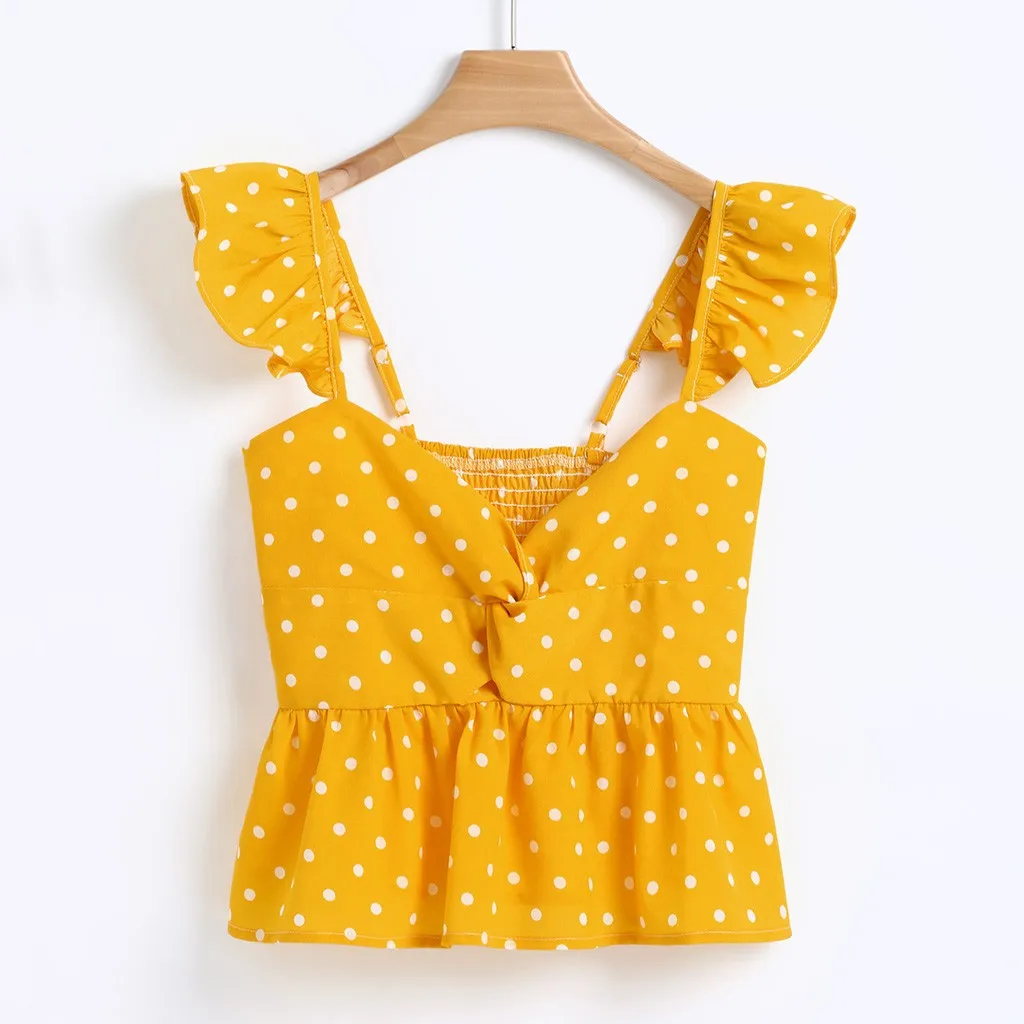 

Women Floral Frill Trim Polka Dot Top Sleeveless T Shirts Casual Chiffon Tank camiseta tirantes mujer sexy tops for clubwear