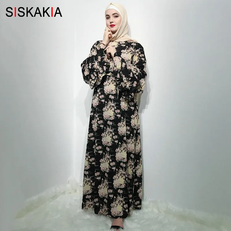

Siskakia Muslim Long Dress Fashion Multi layer Flare Sleeve Women Dresses Elegant Flower Hit Color Arabian Clothes Black 2019