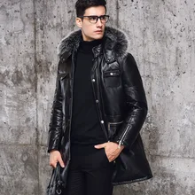 Новинка зимы, мужские облегающие длинные пальто на молнии с карманами, мужские теплые пальто из натуральной овчины с капюшоном и меховым воротником, большие размеры
