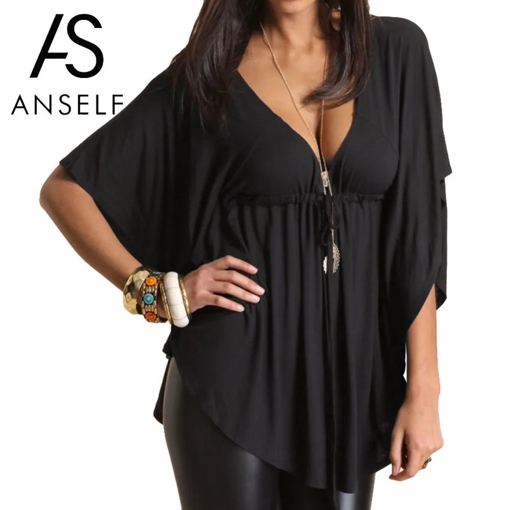 Anself 2018 verano Mujer blusa sexy V Masajeadores de cuello Batwing manga blusas camisa ocasional floja sólida Tops 5xl más tamaño ropa mujer Anself 2018 verano Mujer blusa sexy V Masajeadores de cuello Batwing manga blusas camisa ocasional floja sólida Tops 5xl más tamaño ropa mujer